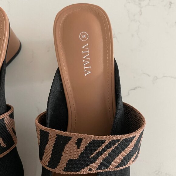 Vivaia Pointed-Toe Heeled Mules 3D Knit Upper Solid Black w Animal Print Sz 40 - Picture 6 of 10